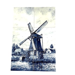 Juego de 6 azulejos vintage de Delft con paisaje de molino de viento de porcelana azul y blanca.