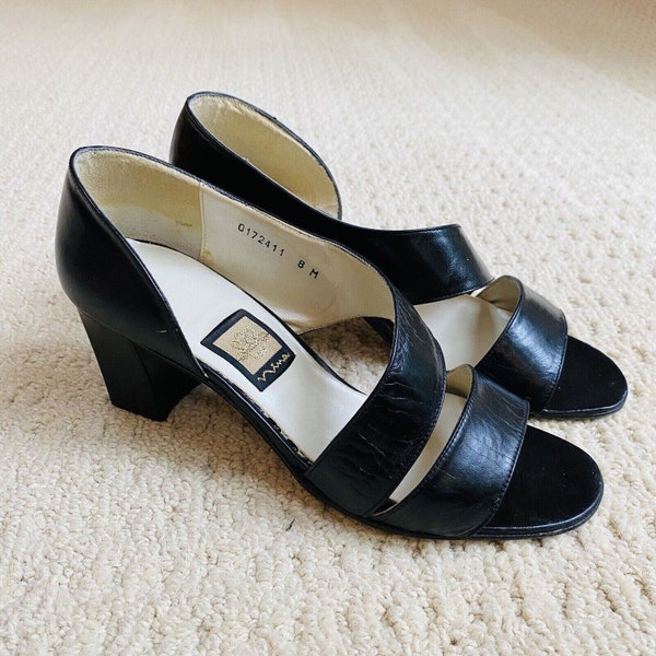 Vintage Y2K Nina Brand Black Leather Slip On Shoes, Strappy Unique D'Orsay Mid Heel Pumps, Dressy Sandals, Casual Shoes With Dressy Vibes