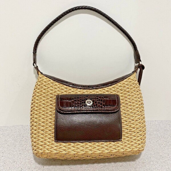 Vintage Brighton purse for summer, Natural woven exterior shoulderbag with moc croc brown leather trim, Gift for woman