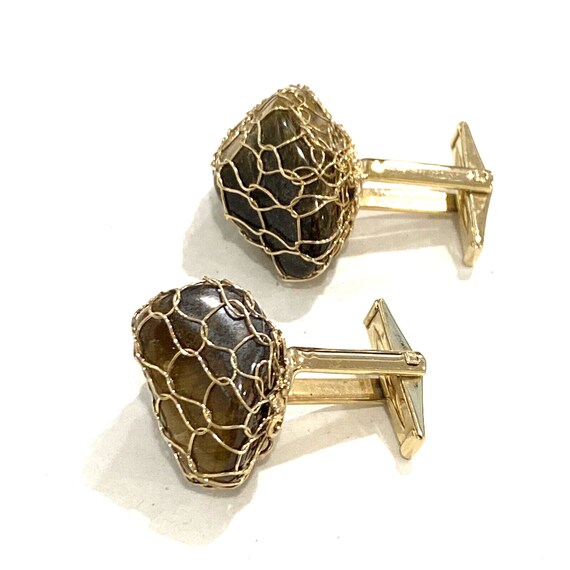 Vintage mens jewelry cufflinks polished brown sto… - image 3