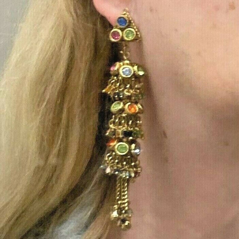 Boho Ornate Colorful Crystal Drop Dangle Earrings Unique Retro Chic Bling Statement Earrings Vintage Gold Tone Beaded Pierced Earrings
