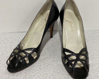Vintage Garolini black Italian leather high heel shoes, Sexy dressy open toe pumps with cutouts, Ladies 9.5N narrow, Hollywood Pin Up