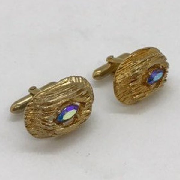Mid Century Swank Cuff Links jewelry for man, Gold Plated Textured Nuggets with Blue Smoke AB Finish Rhinestones