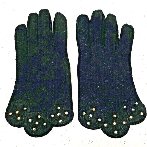 Vintage Ladies Dressy Black Suede Gloves by Hansen with White Rhinestones Embellishments, Ladies size 6 Wrist Length Formal Gloves