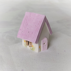 Ceramic mini house lantern: Lilac roof home decoration, Spring accents