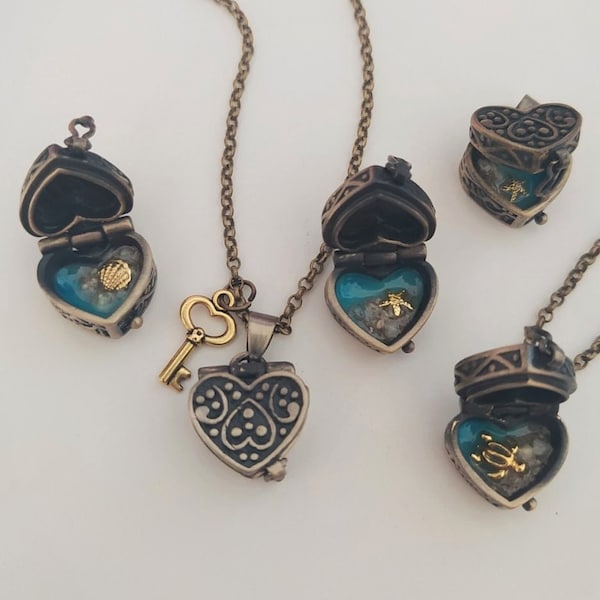 Sea In My Heart Box Necklace| Antique Bronze Heart Box Locket| Heart Locket| Beach Box Locket| Sea Coast In Box Necklace