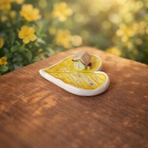 Ceramic miniature house on yellow leaf dish - Tiny jewelry trinket tray