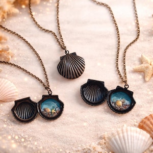 Sea in my heart locket - Antique bronze seashell necklace - Miniature coastal jewelry