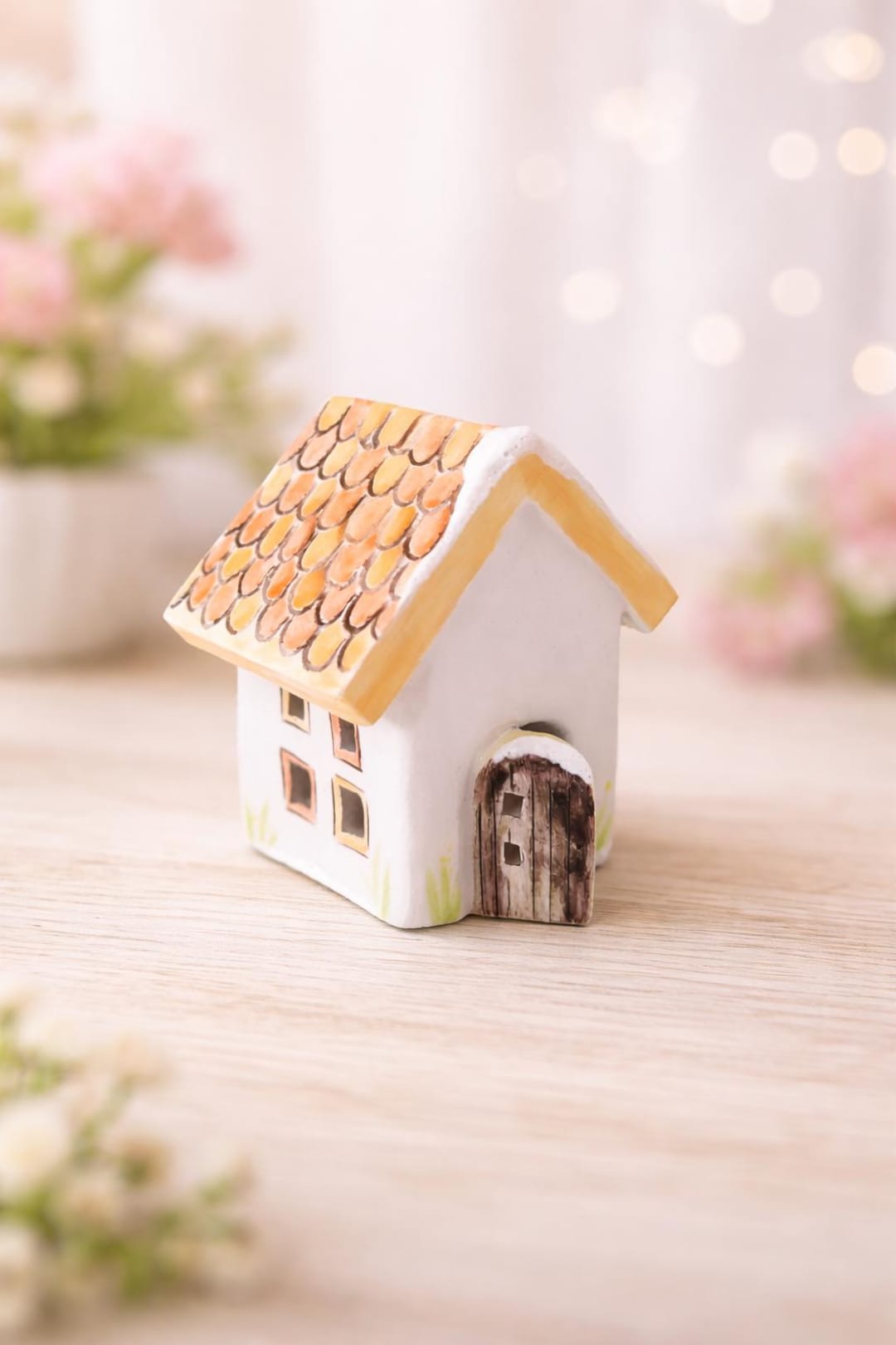 Ceramic Miniature House With Orange Roof - LED Light Candle House