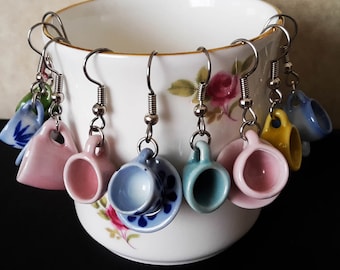 Tea Cup Hook Earrings| Miniature Cup Earrings| Tiny Coffee Cup Earrings| Cup Mini Earrings| Ceramic Mini Earrings. VARIOUS CUP COLORS.