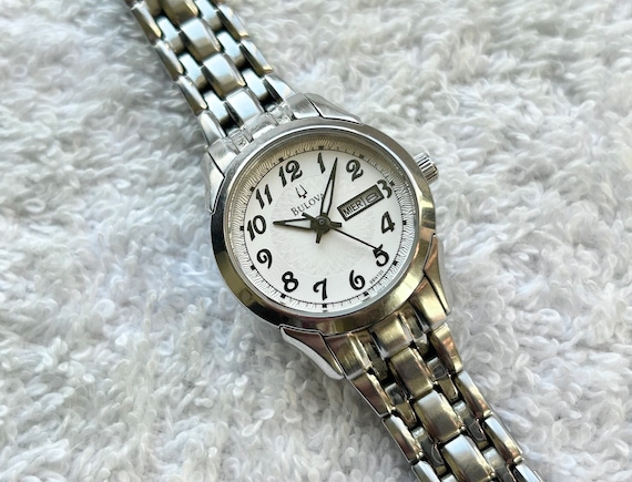 Modern Bulova Stainless Steel Day/Date Luminescent Ladies Watch