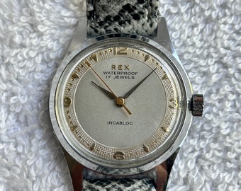 Vintage 1950's Militar Rex, 17 Jewels, Mechanical Winding, Textured Face, Stainless Steel Swiss Watch. Very Rare.