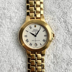 Vintage Schweizer Charta Quick Set Date vergoldeter Edelstahl Quartz Swiss Made Uhr