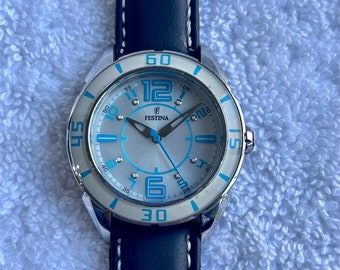 Vintage Festina Blue Analog Stainless Steel Quartz Wristwatch.