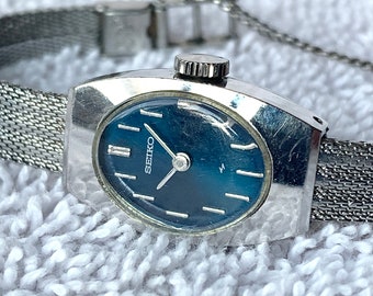 Vintage Seiko Blue 1971 Stainless Steel Winding Cocktail Ladies Watch