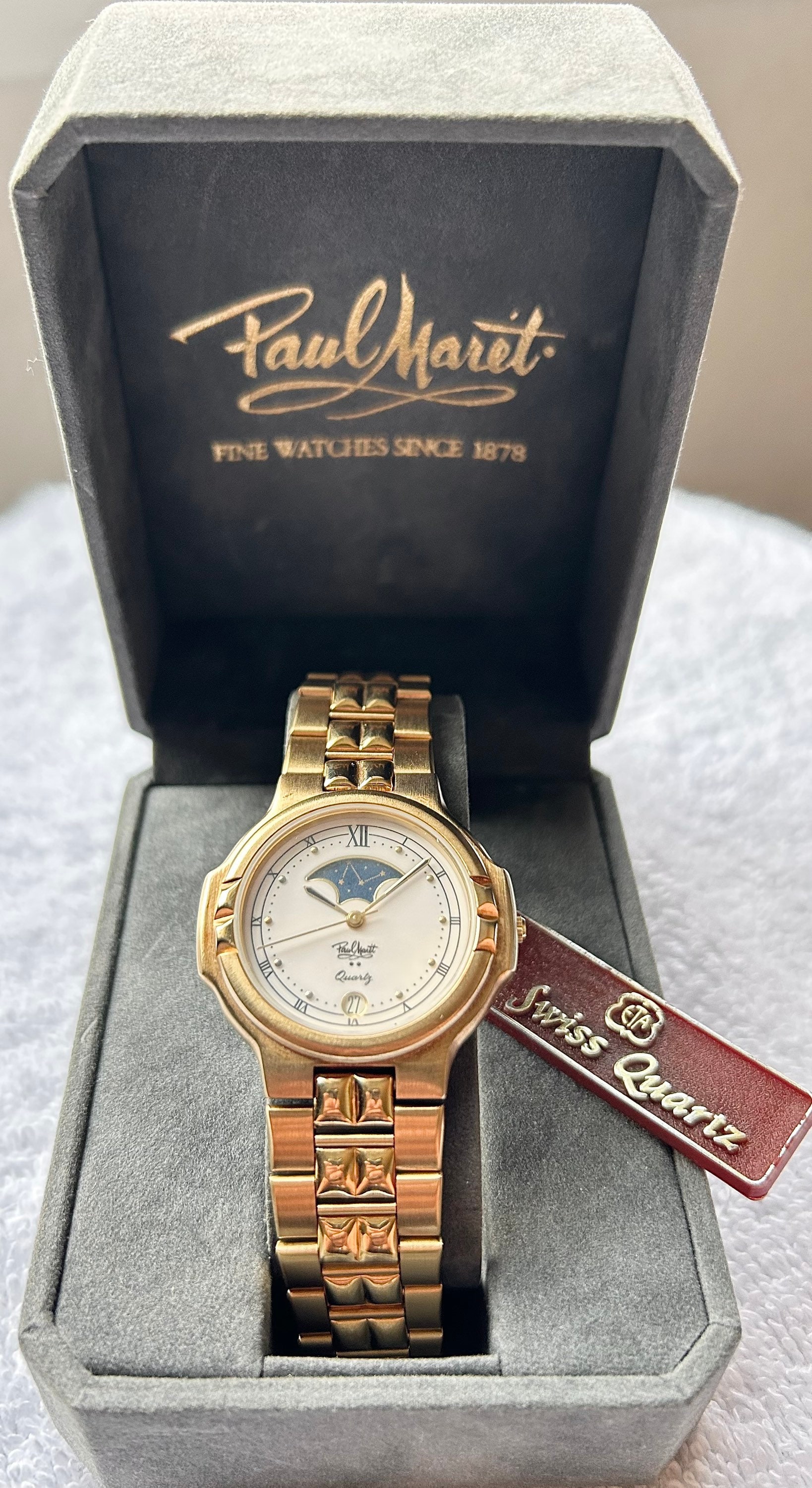Vintage Paul Maret Moonphase Gold Plated Quick Set Date Quartz Swiss Watch With Box Tag Etsy