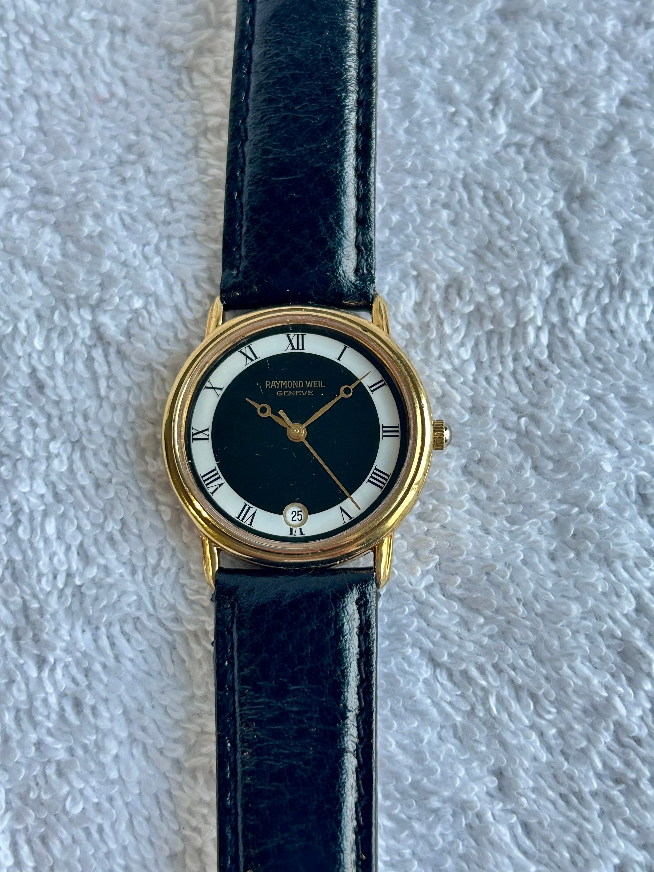 1980's Raymond Weil Black & White 18k Gold and Stainless