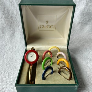 Rare 90s Gucci Bangle Gold Plated Quartz Ladies Swiss Made Watch with Box and Interchangeable Bezels image 1