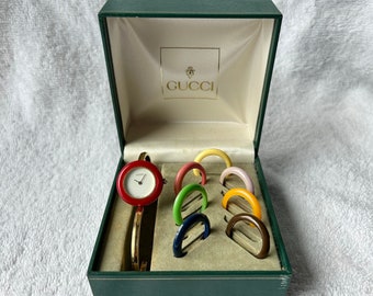 Rare 90s Gucci Bangle Gold Plated  Quartz Ladies Swiss Made Watch with Box and Interchangeable Bezels