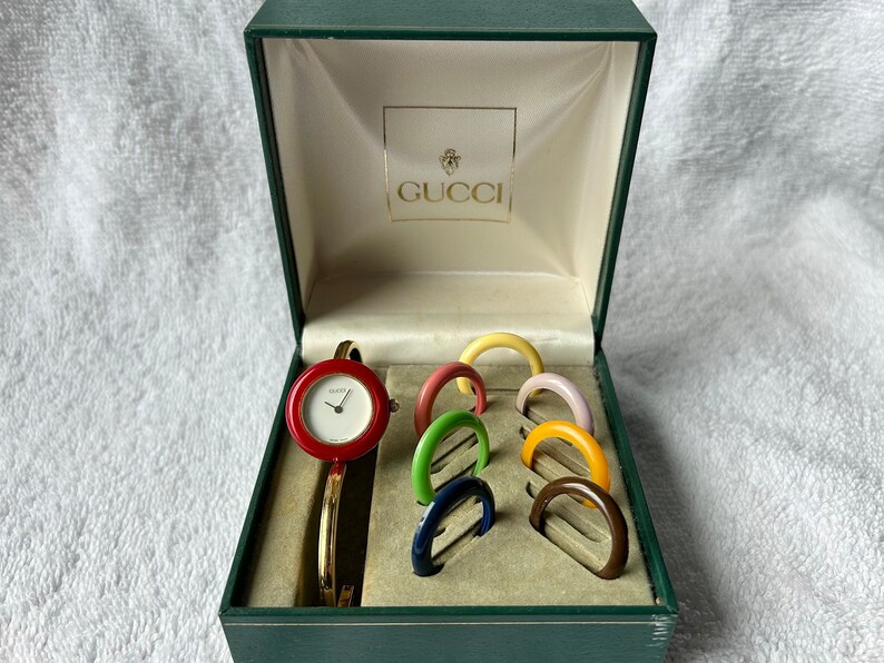 Rare 90s Gucci Bangle Gold Plated Quartz Ladies Swiss Made Watch with Box and Interchangeable Bezels image 1