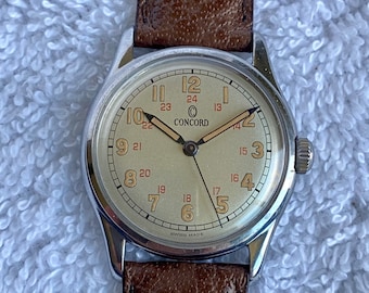 Vintage 1946 Rare Militar Concord, 17 Juwelen, Mechanische Wicklung, Edelstahl Schweizer Uhr.