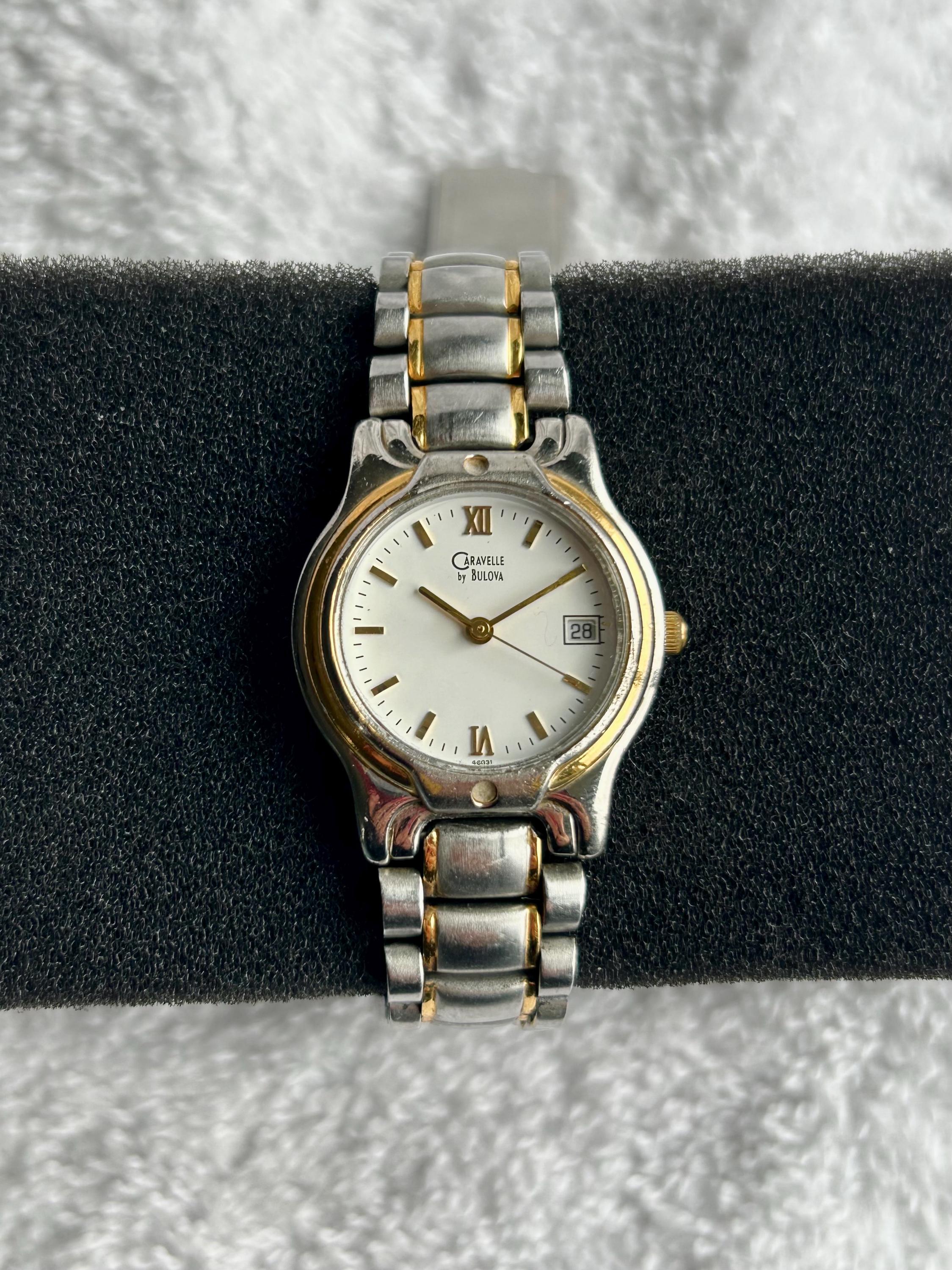Vintage Caravelle by Bulova Two Tone Gold and Stainless Steel Cocktail Ladies Quartz Swiss Made Watch