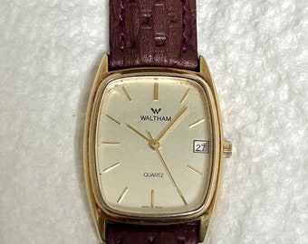 時計 VINTAGE WALTHAM TANK 1980's Vintage Waltham Tank Quartz Quick Set Date Gold Plated Stainless