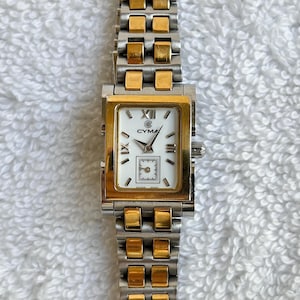 Vintage Cyma Le Locle Tank Two-Tone Gold Plated Stainless Steel Ladies Quartz Dainty Swiss Made Watch