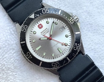 Vintage Wenger Military Luminescent Stainless Steel Diver Date
