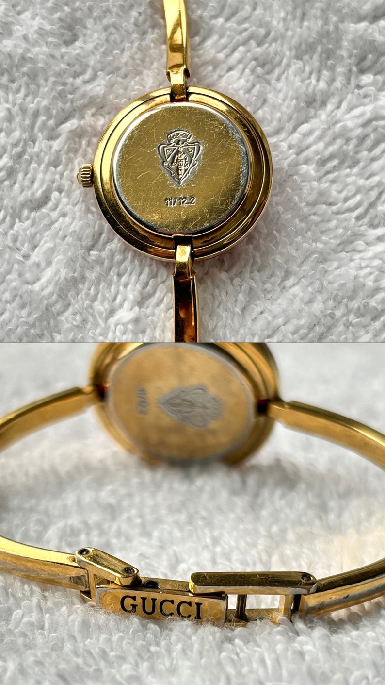 Rare 90s Gucci Bangle Gold Plated Quartz Ladies Swiss Made Watch with Box and Interchangeable Bezels image 8
