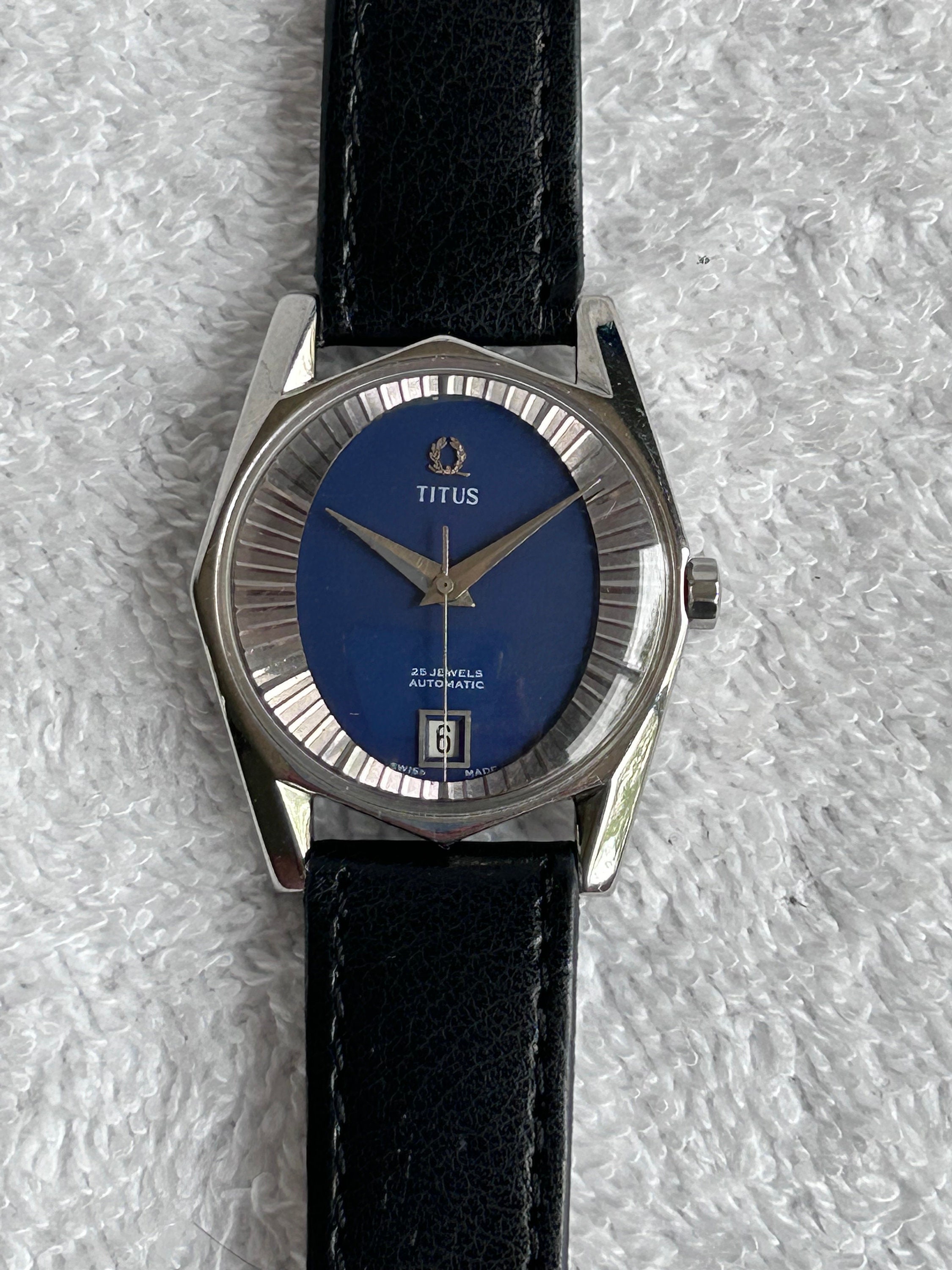 Vintage Titus Automatic Fluted Bezel Blue Dial 25 Jewels Date at 6 Swiss Made Watch. Etsy