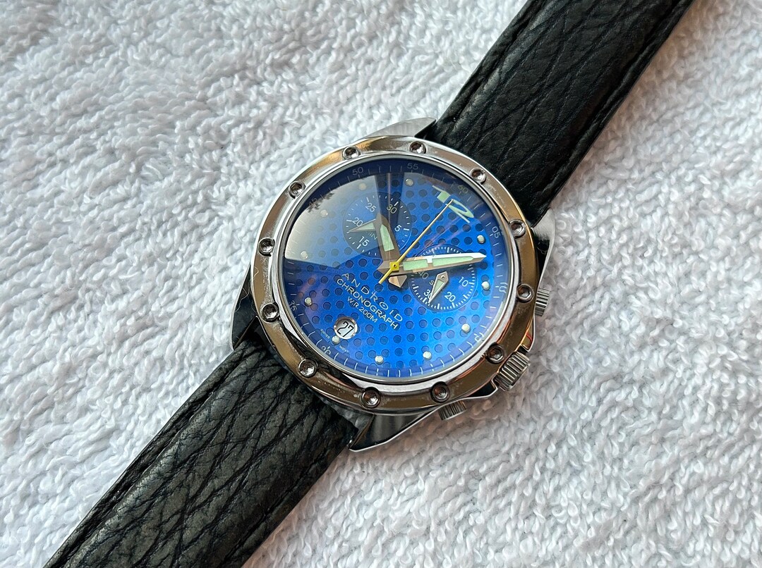 Android Chronograph Blue Luminescent Date Stainless Steel Quartz Swiss Made Watch Etsy