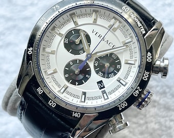 Nowoczesny zegarek Versace Panda Chronograph z tachymetrem i szybką datą, luminescencyjny kwarcowy, wyprodukowany w Szwajcarii