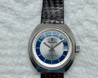 Raro reloj Nivada vintage automático azul de acero inoxidable con