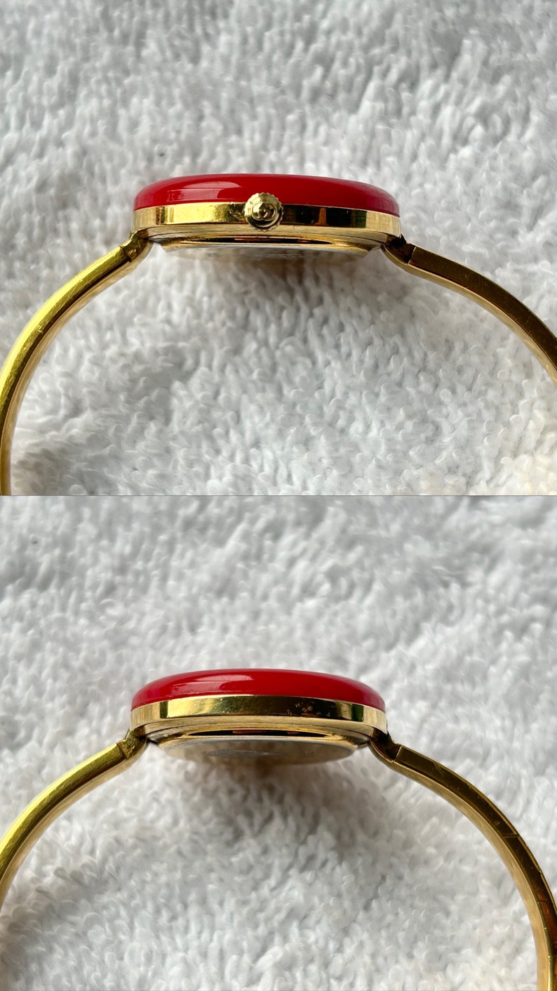 Rare 90s Gucci Bangle Gold Plated Quartz Ladies Swiss Made Watch with Box and Interchangeable Bezels image 9