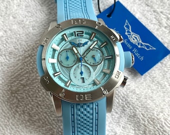 Infinity Swiss Watch 44mm Baby blue 100 Meters Chronograph 3 Registers Calendar Watch