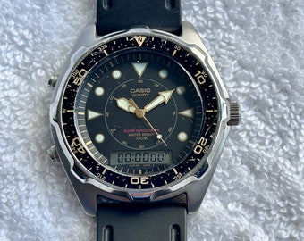 Vintage Casio Diver Analog Digital Alarm Chronograph Chronograph Stainless Steel Luminous Quartz Japan Watch.