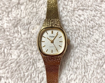 Vintage Pulsar by Seiko Gold Plated Stainless Steel Quartz Ladies Cocktail Wristwatch Japan Watch
