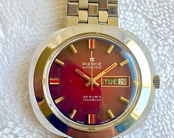 Vintage Pierce Burgundy Automatic 25 Jewels Day Date Steel Swiss Watch Fully Serviced Etsy