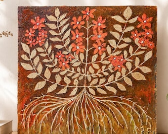 Wood Panel: Flower with Roots Painting, Folk Art Botanical, Cottage Wall Decor