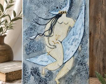 Marga – Original Moon Woman Painting, Small Canvas, Feminine Folk Surreal Art