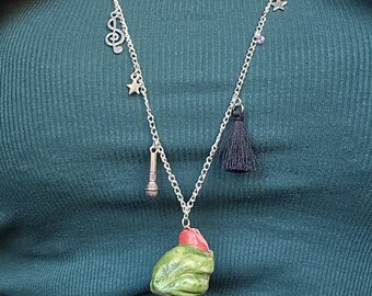 Hand-sculpted Frog Woman Whimsical Pendant Necklace: Florence, Rock Princess, Silver Chain, Charms, OOAK