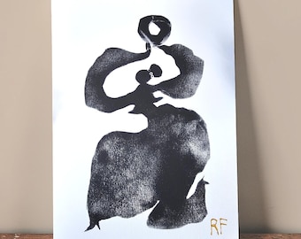 Original Hand-printed Goddess Devotee: Woman in Profile / Silhouette / Relief Print / Wall Decor
