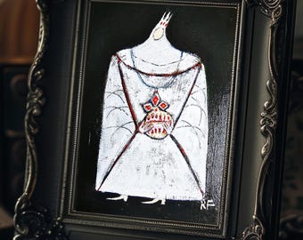 Oryginalny obraz sztuki ludowej: Królowa w białych strojach, klimat gotycki, rude włosy, płótno