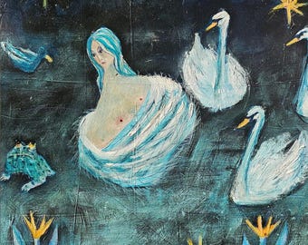 Oryginalna sztuka ludowa na płótnie: Dziewica łabędź