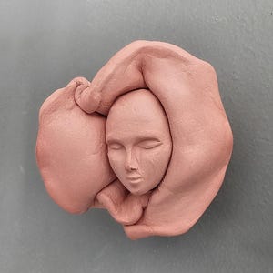 May include: A terracotta-colored clay wall sculpture featuring a central human face with closed eyes, framed by organic, flowing, folded shapes that surround the head. The surface has a matte, earthy texture with soft, rounded contours.