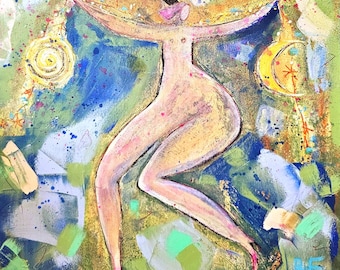 Oryginalny obraz sztuki ludowej / Panel drewniany / Motyw niebiański / Księżyc / Słońce / Gwiazdy / Dekoracja ścienna w stylu kobiecym