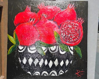 Bodegón original de granadas en un cuenco, arte abstracto para pared de cocina