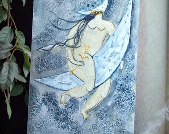 Arte popular original / Mujer salvaje / Luna / Flor / Corona / Celestial / Bruja del pantano / Decoración de pared