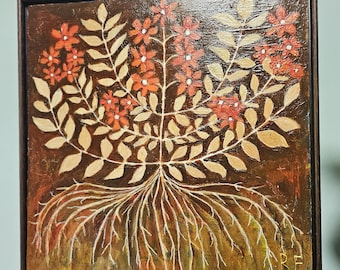 Art folklorique sur panneau de bois - Peinture de fleurs avec racines, décoration murale de cottage botanique